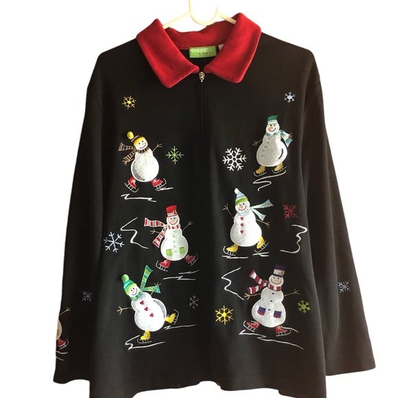 ONQUE WOMEN CHRISTMAS LONG SLEEVES COLLARED ZIP UP SWEATER SZ 1X GRANNICORE - Picture 1 of 8